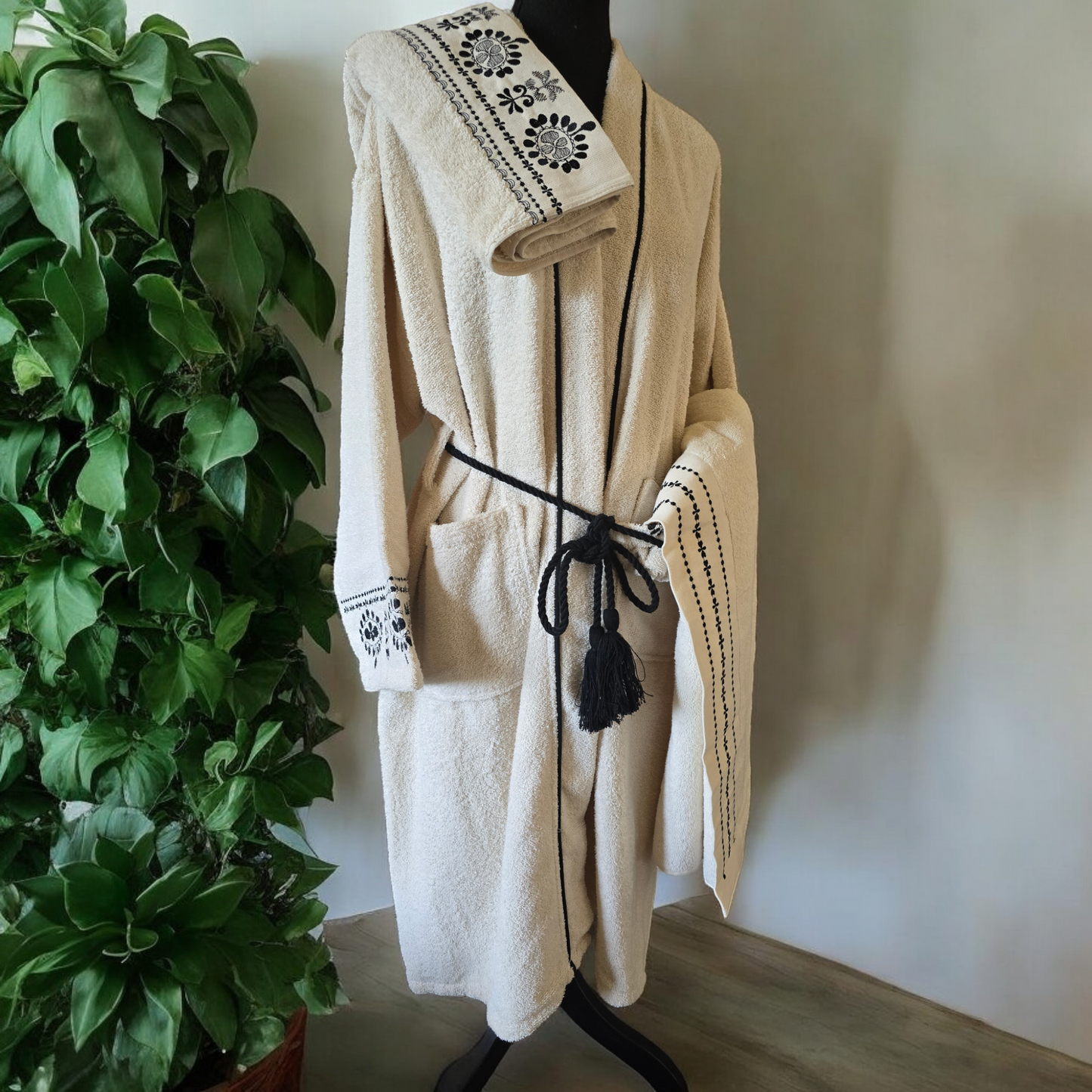 Emporio 3 piece bathrobe set with Turkish cotton robe and two absorbent towels.