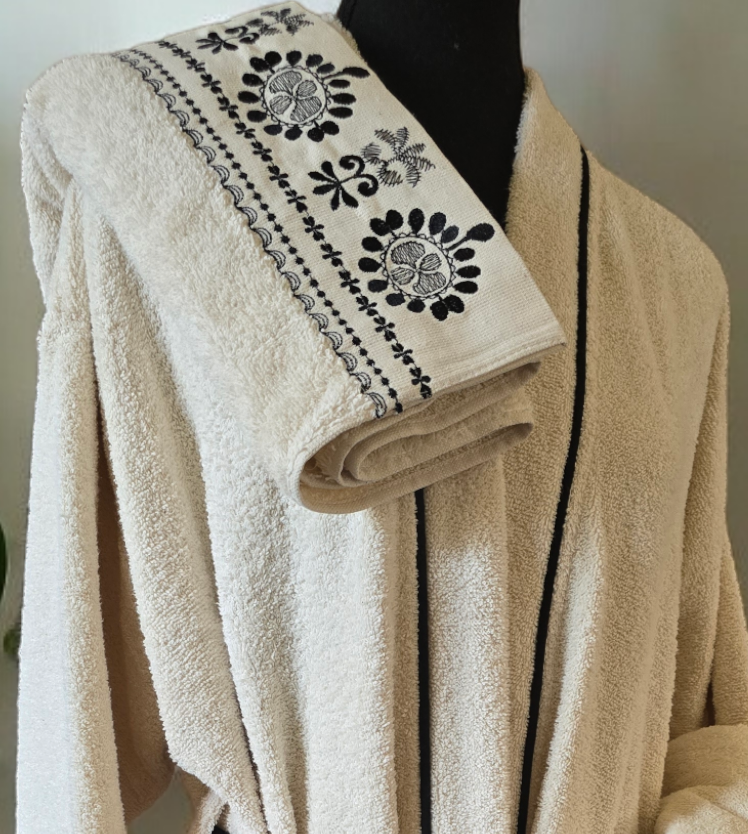 Emporio 3 piece bathrobe set with Turkish cotton robe and two absorbent towels.