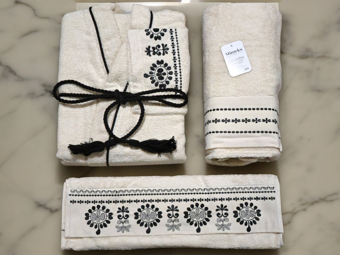 Emporio 3 piece bathrobe set with Turkish cotton robe and two absorbent towels.
