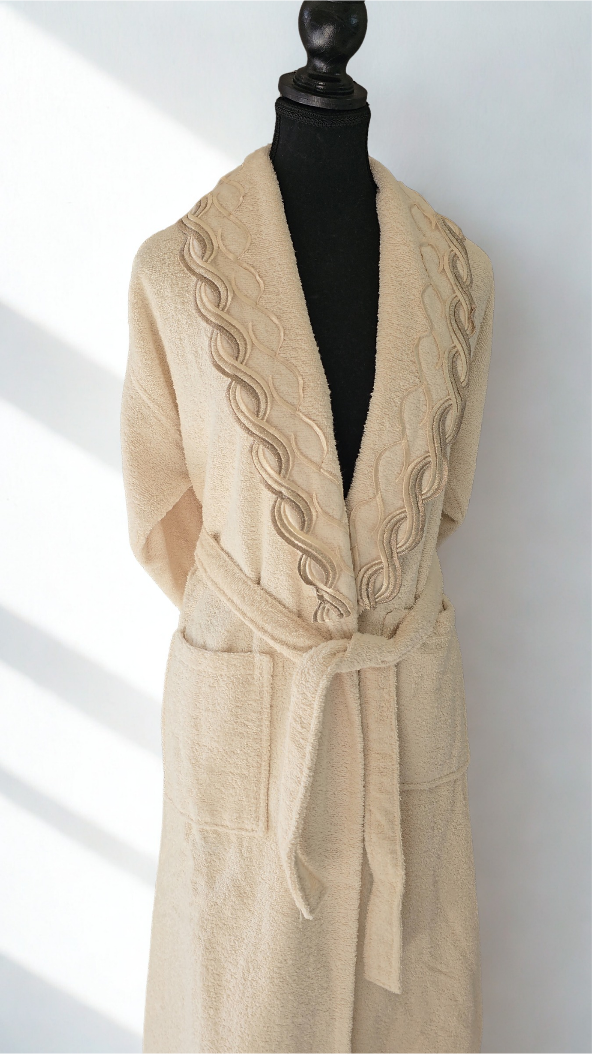 freyza cream cotton bathrobe and robe on mannequin, lightweight and breathable fabric