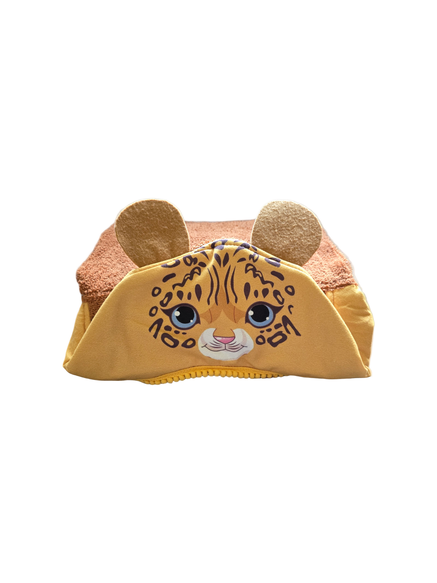 Children's hooded towel with a leopard face design on a white background