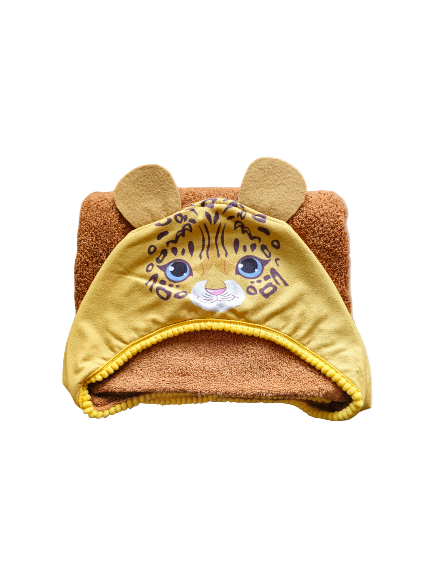 Kids hooded bath towel with brown leopard print accent, made from soft and absorbent 100% cotton, perfect for kids after bath time or swimming.