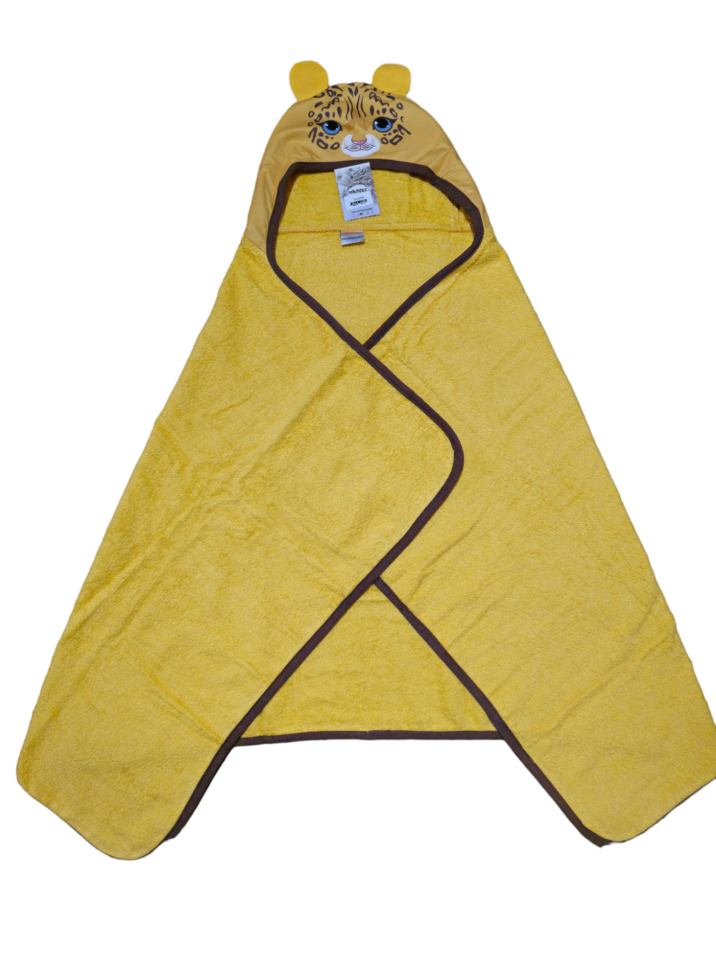 Kids hooded bath towel with yellow leopard print made from 100% Turkish cotton, soft and absorbent towel for children.