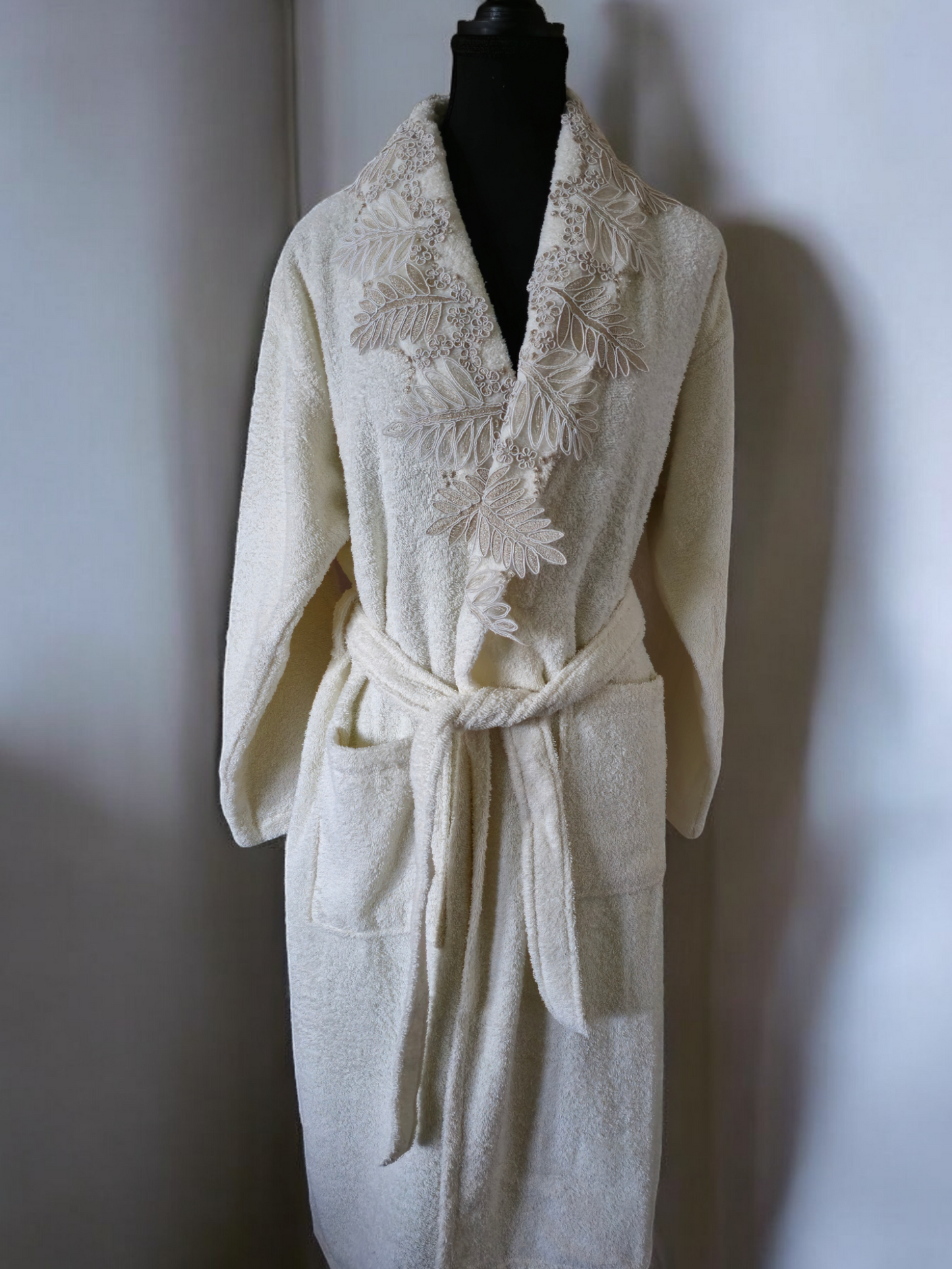linda bathrobe on mannequin - soft, lightweight, stylish robe for comfort and relaxation