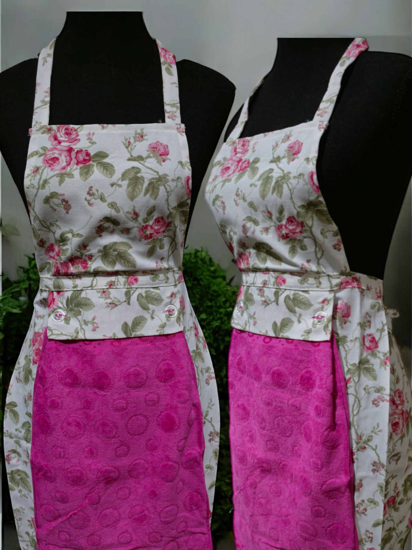 magenta floral apron with one detachable cotton towel, perfect for kitchen use.