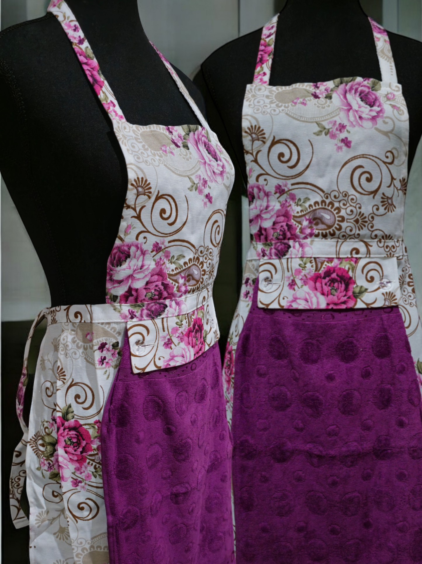 purple floral apron with one detachable cotton towel, perfect for kitchen use.