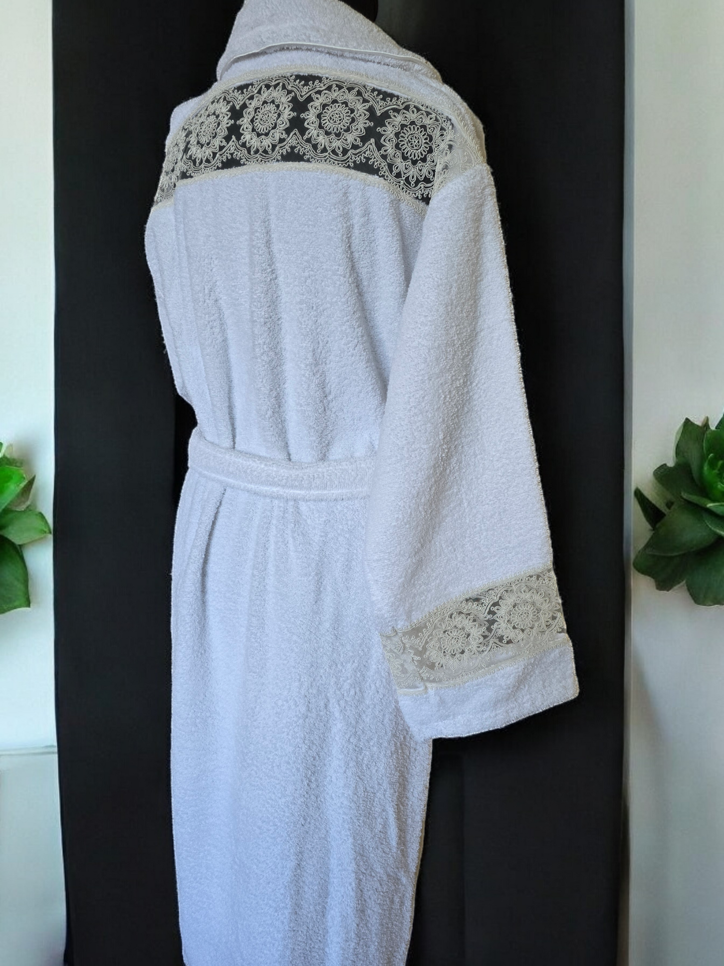 Samira 3 piece Turkish cotton bathrobe set with soft robe and two absorbent towels.