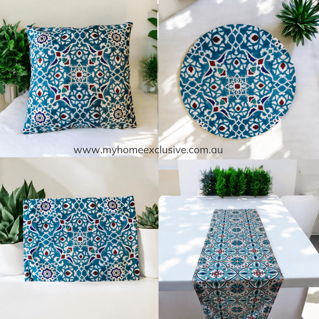 Turkish cotton kitchen décor, place mats and table runners. Traditional Turkish designs. Kitchen and lounge decor, stylish and unique kitchen and lounge room items. Gift ideas, housewarming gift. Colourful home designs.