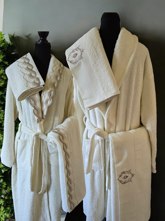 Turkish Cotton Towel and bathrobe Set My Home Exclusive. Quality Turkish cotton luxury towels and bathrobe sets. Luxurious and stylish towels and bathrobes. Wedding gifts and bridal wear. 