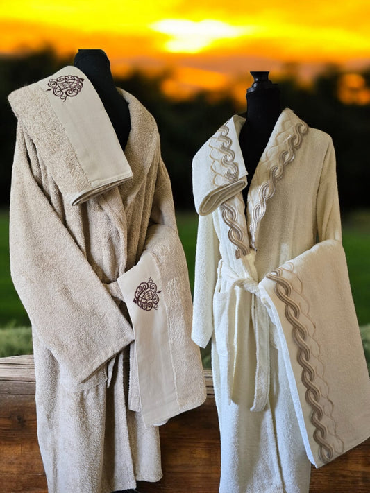 Turkish Cotton Towel and bathrobe Set My Home Exclusive. Quality Turkish cotton luxury towels and bathrobe sets. Luxurious and stylish towels and bathrobes. Wedding gifts and bridal wear. 