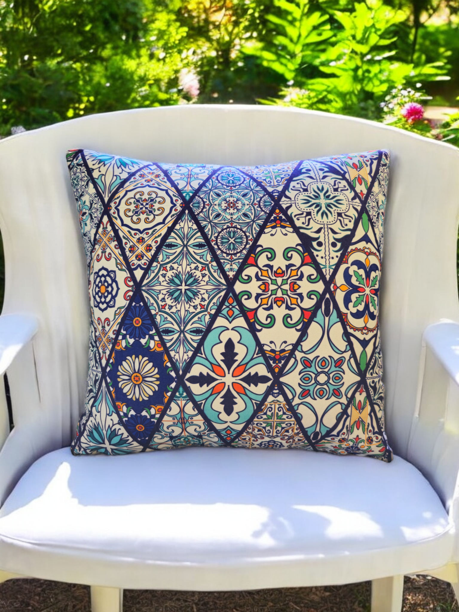Stylish Baklava cushion cover 42x42cm on sofa – decorative throw pillow for home decor.


