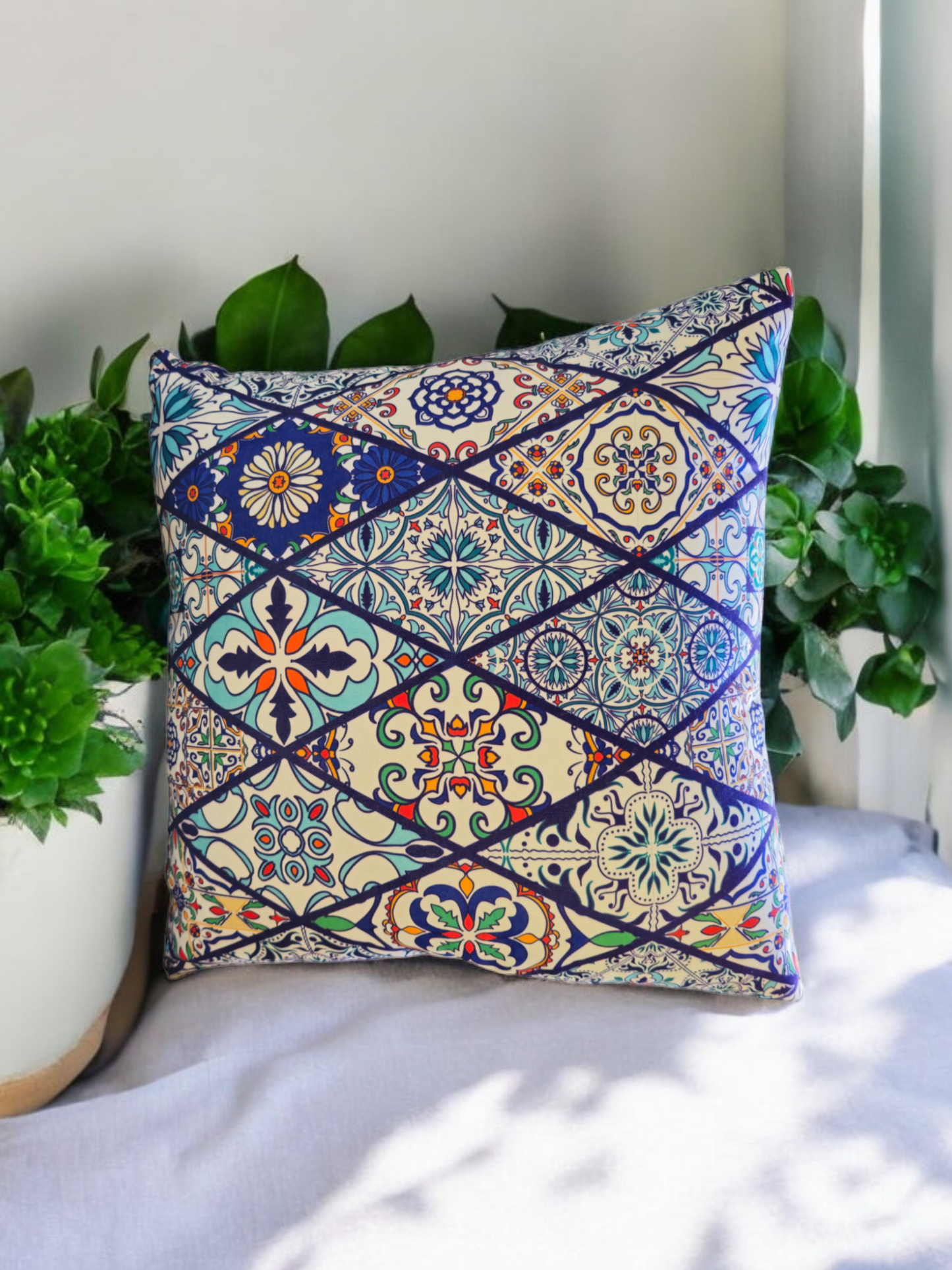 Stylish Baklava cushion cover 42x42cm on sofa – decorative throw pillow for home decor.

