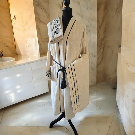 Emporio 3 piece bathrobe set with Turkish cotton robe and two absorbent towels.

