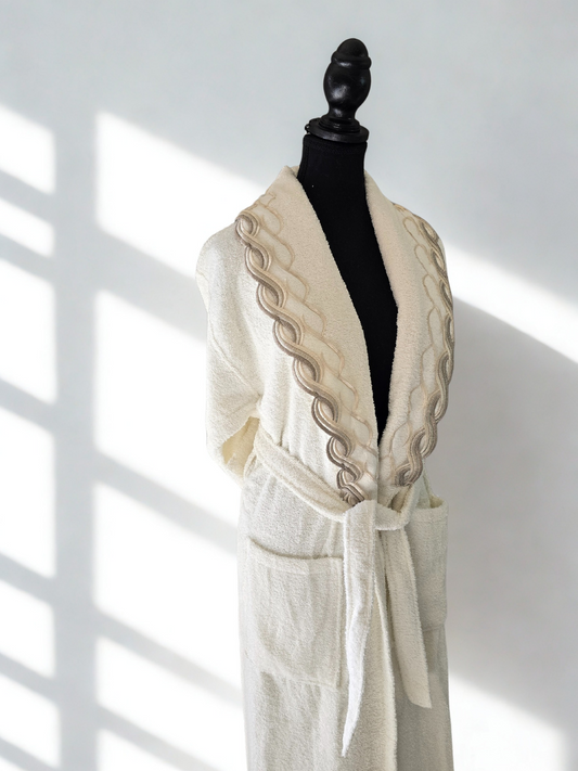 freyza ivory cotton bathrobe and robe on mannequin, lightweight and comfortable for everyday use