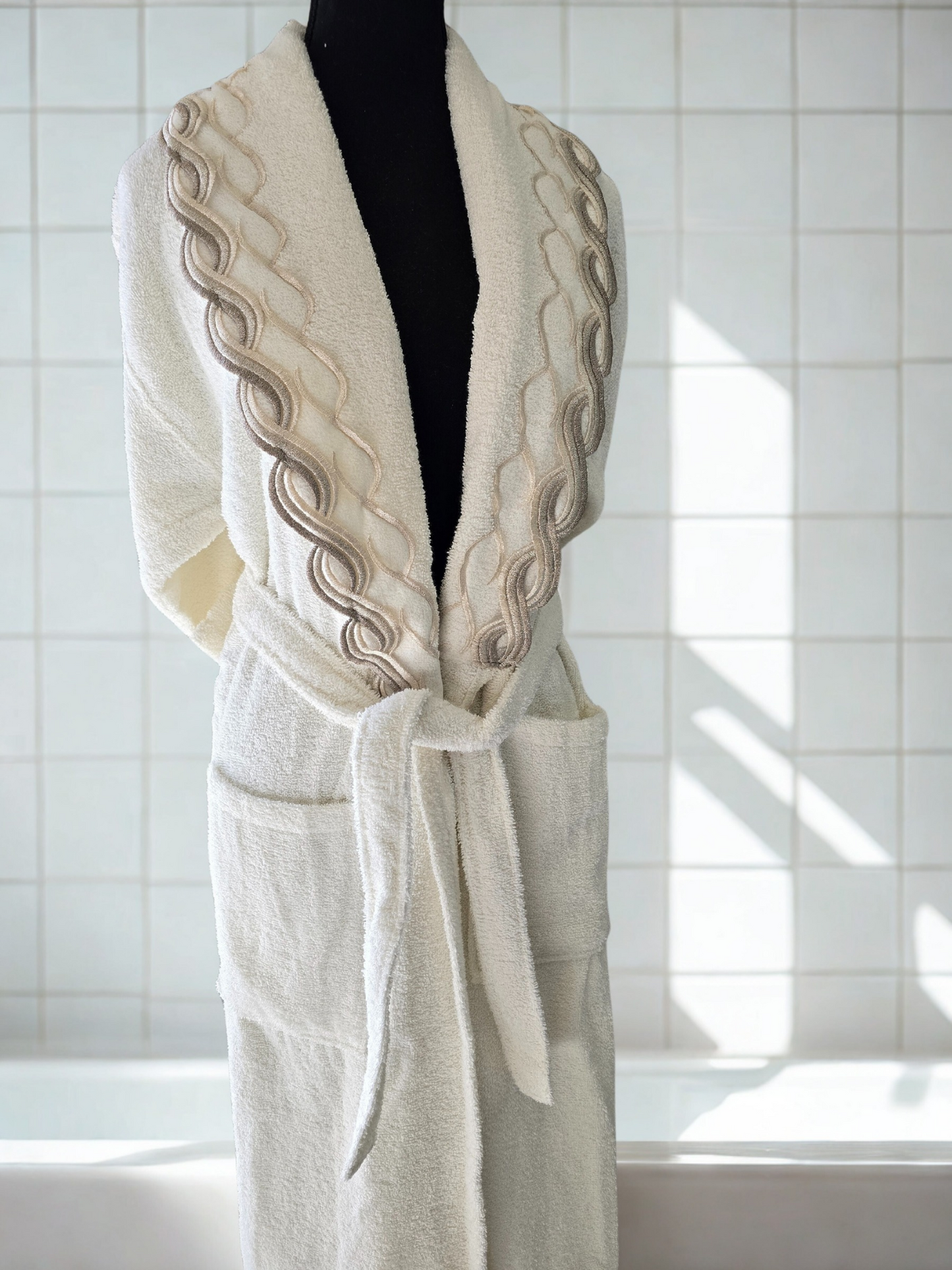 freyza ivory cotton bathrobe and robe on mannequin, lightweight and comfortable for everyday use