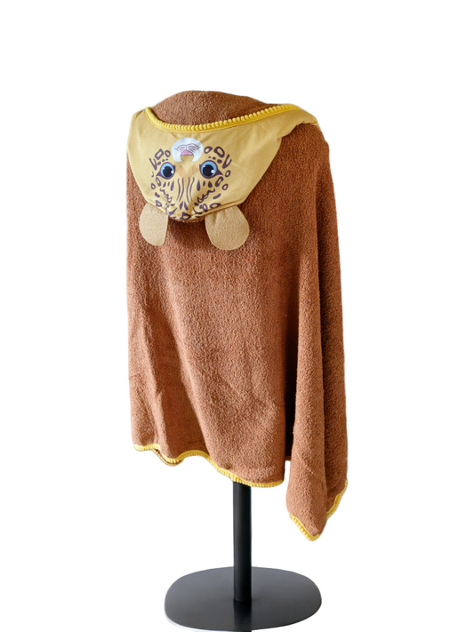 Kids hooded bath towel with brown leopard print accent, made from soft and absorbent 100% cotton, perfect for kids after bath time or swimming.