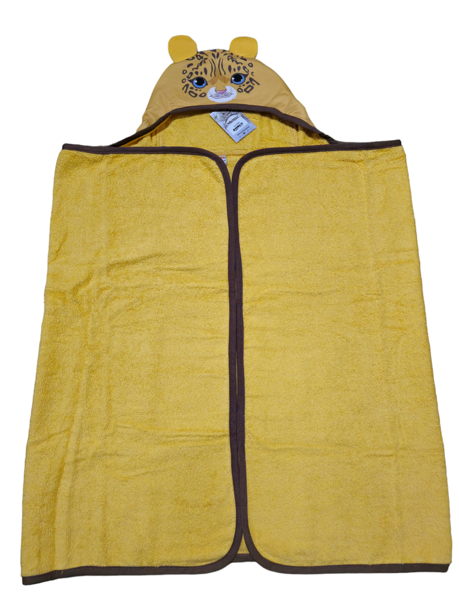 Yellow hooded towel with a leopard animal design, suitable for kids.