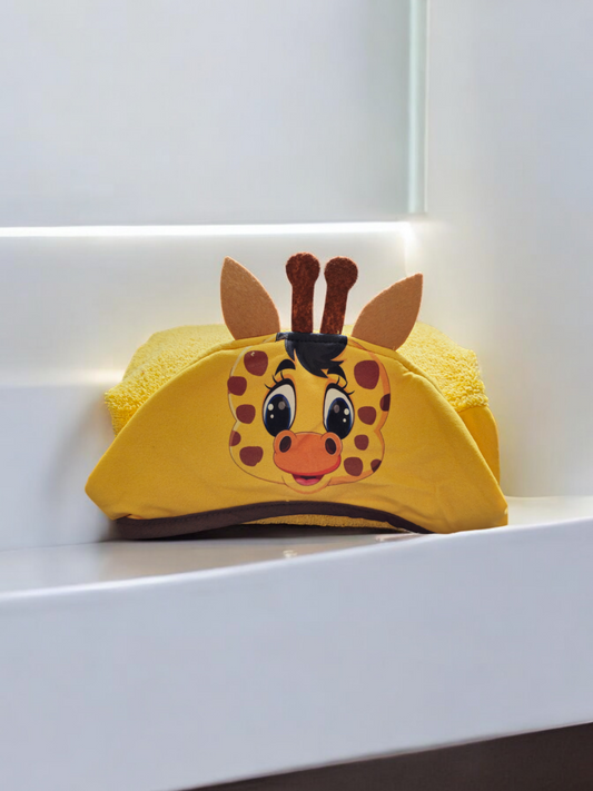 Kids Hooded Towel Yellow Giraffe - My Home Exclusive 100% cotton soft and absorbent kids bathrobes, perfect for bath or pool time. Kids bathrobes and towels, Turkish cotton colourful, unique and luxurious. Fun kids bath time, kids swimming lessons, bubble bath, pure cotton, gift ideas, pool party, children’s birthday present.