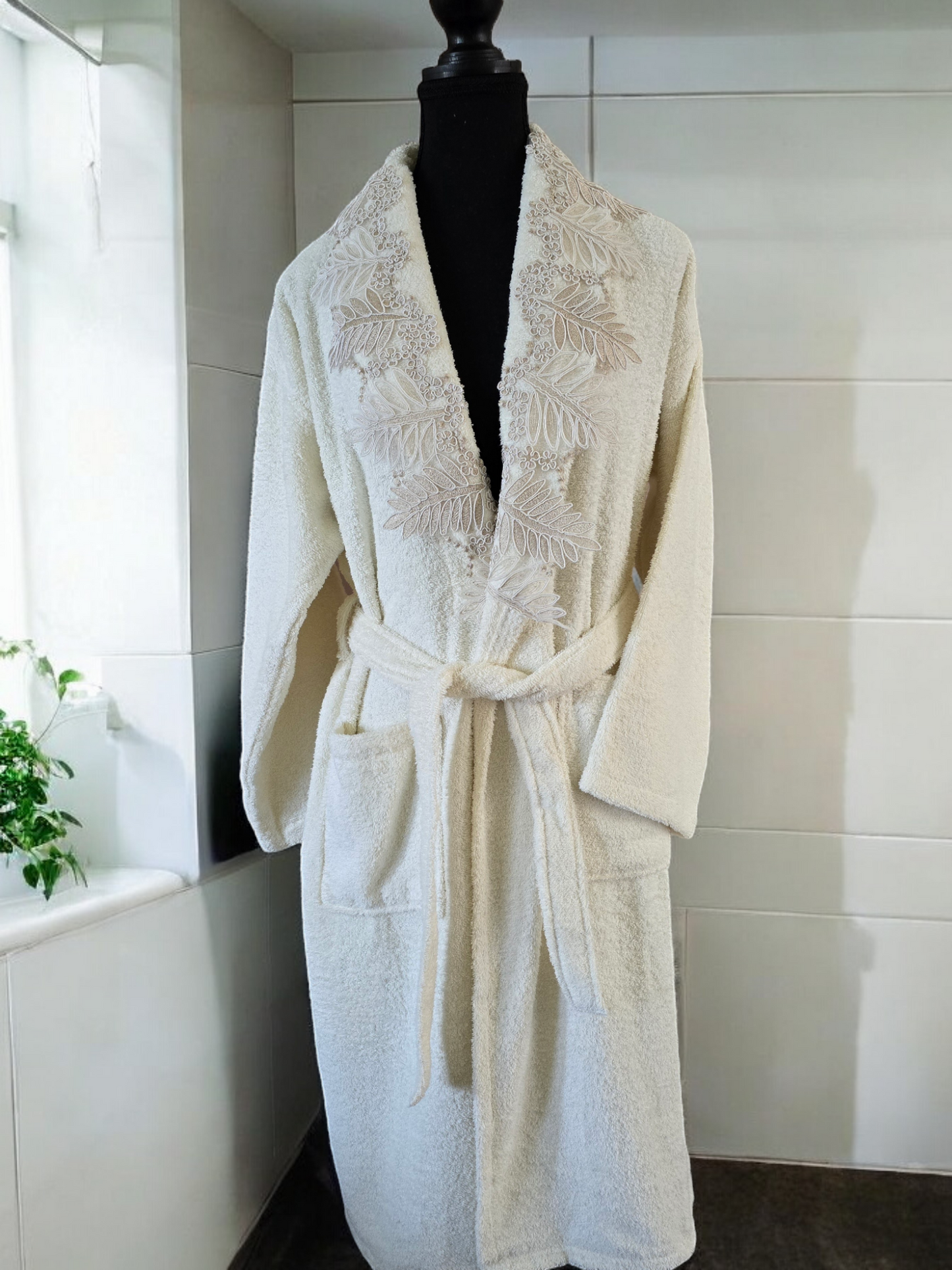 linda bathrobe on mannequin - soft, lightweight, stylish robe for comfort and relaxation