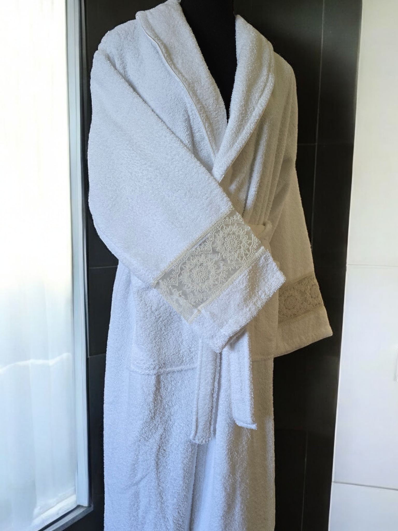 Samira 3 piece Turkish cotton bathrobe set with soft robe and two absorbent towels.