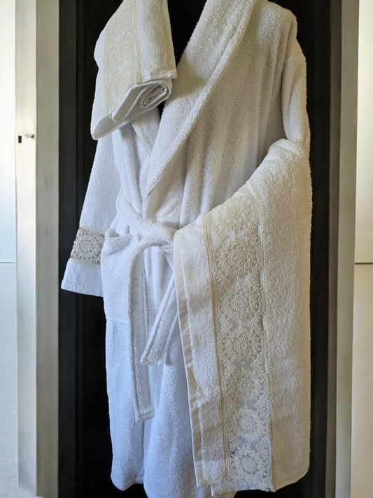 Samira 3 piece Turkish cotton bathrobe set with soft robe and two absorbent towels.