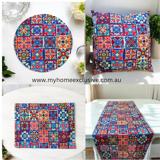 Turkish cotton kitchen décor, place mats and table runners. Traditional Turkish designs. Kitchen and lounge decor, stylish and unique kitchen and lounge room items. Gift ideas, housewarming gift. Colourful home designs.
